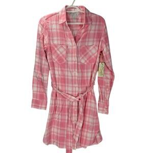 Freedom Trail By Kyodan Shirt Dress Womens Small Pink Plaid Long Roll Tab Sleeve